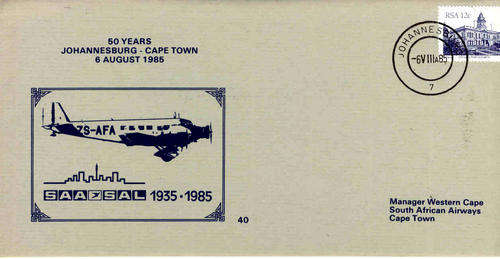 SAA Flight Cover #40 - 50 Years Johannesburg - Cape Town 6/8/1985