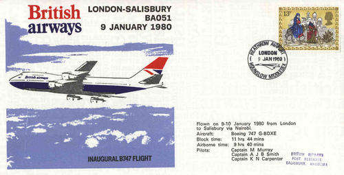 RHODESIA RETURN FLIGHT COVER - BA LONDON-SALISBURY via NAIROBI - BA051 9 JANUARY 1980