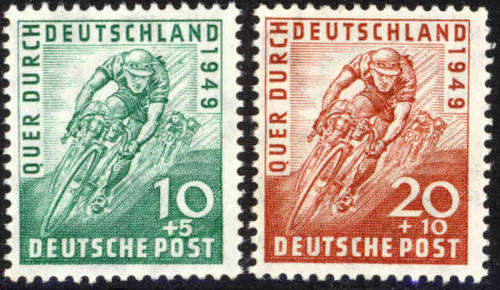 CYCLING SPORT 1949 - GERMANY - BI ZONE Mi#106-7 COMPLETE UNMOUNTED MINT SET OF CYCLIST