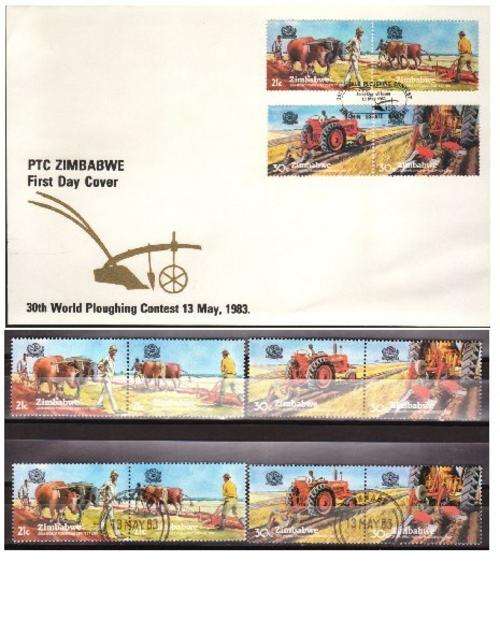 ZIMBABWE COMPLETE DEAL 3 in 1 FDC UMM AND USED 1983 WORLD PLOWING CONTEST SET