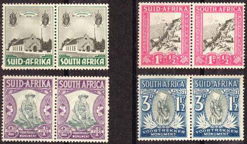 UNION OF SA 1933 VOORTREKKER MEMORIAL FUND UNMOUNTED MINT PAIRS COMPLETE SET WITH GUM DISCOLOURATION
