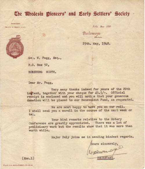 RHODESIA - ORIGINAL DOCUMENT 1948 The Rhodesia Pioneers" & Early Settlers" Society