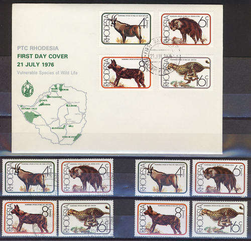RHODESIA 1976 WILD LIFE VULNERABLE SPECIES  3 in 1 DEAL - FDC PLUS  MINT AND USED COMPLETE SET