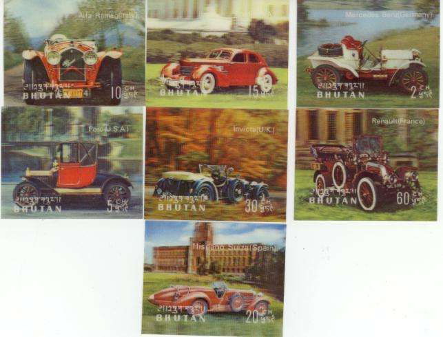 BHUTAN - 3 DIMENTIONAL STAMPS VINTAGE VEHICLES TRANSPORT