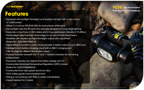 NITECORE HC68 (2000 Lumens) High Performance Duel Beam E-Focus Headlamp