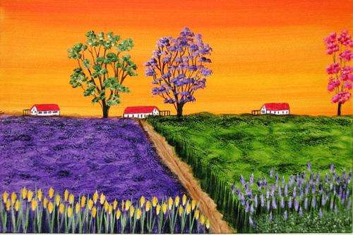 SIGNED SA ARTIST ORIGINAL PAINTING : FLOWER FIELDS FARM LANDSCAPE