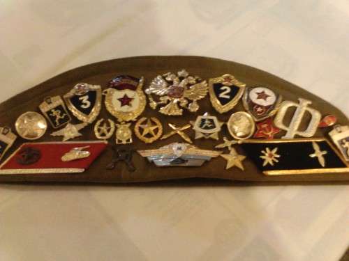 RUSSIAN MILITARY CEREMONIAL UNIFORM HAT, WITH MILITARY BADGES OF ACHIEVEMENTS, GREAT COLLECTORS ITEM