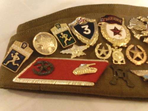 RUSSIAN MILITARY CEREMONIAL UNIFORM HAT, WITH MILITARY BADGES OF ACHIEVEMENTS, GREAT COLLECTORS ITEM