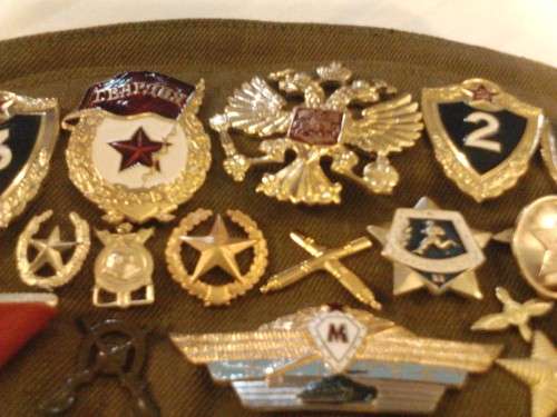 RUSSIAN MILITARY CEREMONIAL UNIFORM HAT, WITH MILITARY BADGES OF ACHIEVEMENTS, GREAT COLLECTORS ITEM