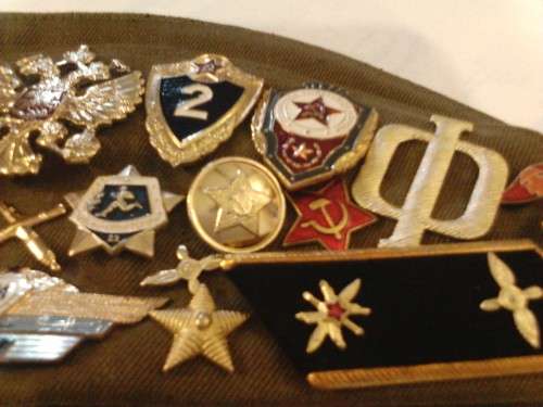 RUSSIAN MILITARY CEREMONIAL UNIFORM HAT, WITH MILITARY BADGES OF ACHIEVEMENTS, GREAT COLLECTORS ITEM