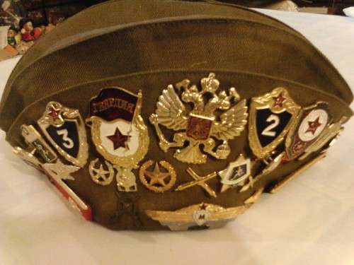 RUSSIAN MILITARY CEREMONIAL UNIFORM HAT, WITH MILITARY BADGES OF ACHIEVEMENTS, GREAT COLLECTORS ITEM