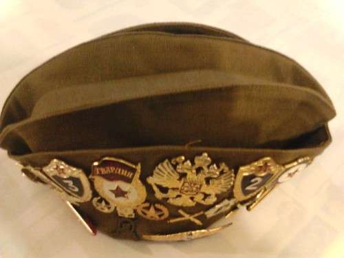 RUSSIAN MILITARY CEREMONIAL UNIFORM HAT, WITH MILITARY BADGES OF ACHIEVEMENTS, GREAT COLLECTORS ITEM