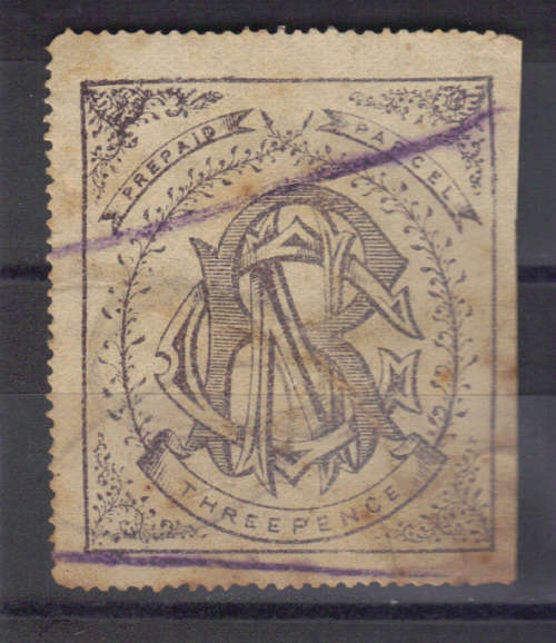 VERY SCARCE NATAL RAILWAYS 1880 3d (deep slate) PREPAID PARCEL STAMP WITH NGR MONOGRAM, VALUE R1800+