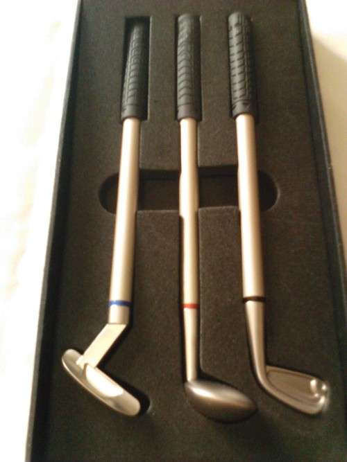 BEAUTIFUL METAL GOLF PEN SET, FOR OWN USE OR FOR DISPLAY - NICE VALUE  ,SEE SCANS.