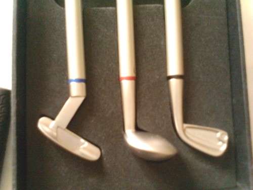BEAUTIFUL METAL GOLF PEN SET, FOR OWN USE OR FOR DISPLAY - NICE VALUE  ,SEE SCANS.