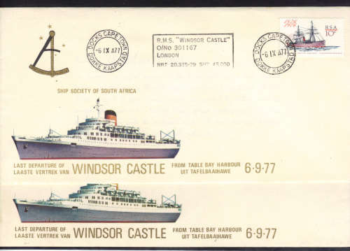 1977 RMS ''WINDSOR CASTLE'' COVERS WITH VERIETY,'' 1 x PURPLE BOW, 1 x GREY BOW''.- SEE BELOW.