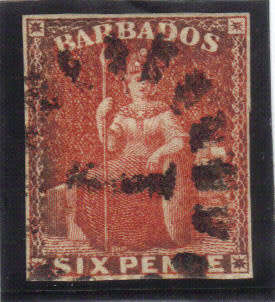 BARBADOS 1861- BRITANNIA, 6d, BROWNISH-ORANGE-ROSE, NO WMK, IMPERF,USED ,CAT. VALUE R3150- SEE BELOW