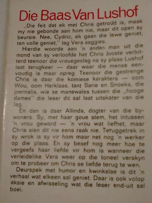 `DIE BAAS VAN LUSHOF` - VERHAAL DEUR SATS OOSTHUIZEN - PLEASE SEE AND READ BELOW FOR MORE INFO.