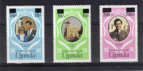 Uganda (overprints) , 29 July 1981 Royal Wedding, Set of 3 gutter pairs.