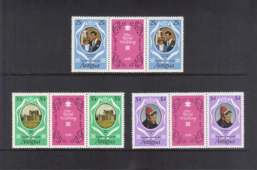Antigua, 29 July 1981 Royal Wedding, Set of 3 gutter pairs.