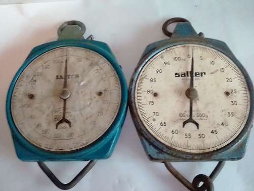 2x VINTAGE SALTER SPRING BALANCE HANGING SCALES - PLEASE READ BELOW.