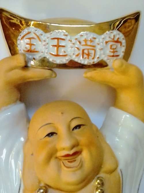 VINTAGE LARGE PORCELIAN HAPPY BUDDHA, HAND PAINTED  - VALUE R1800 - READ BELOW.