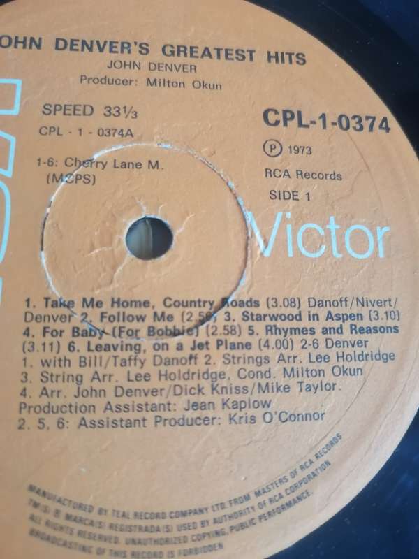 JOHN DENVER´S GREATEST HITS - VINYL IN EXCELLENT CONDITION - SEE BELOW FOR INFO.