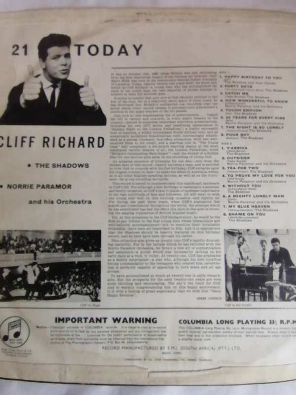 CLIFF RICHARD 21 TODAY - VINYL IN EXCELLENT CONDITION - SEE BELOW FOR INFO