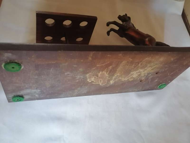 STUNNING ANTIQUE BRONZE HORSE SMOKKING PIPE HOLDER - HAND MADE SOLID WOOD  - SEE BELOW  INFO.