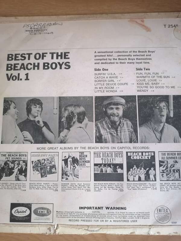 BEST OF THE BEACH BOYS -  VINYL IN GOOD CONDITION - SEE BELOW FOR INFO.