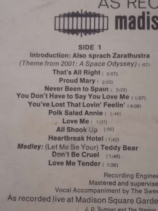 ELVIS (AS RECORDED AT MADISON SQUARE GARDEN) - VINYL IN GOOD CONDITION - SEE BELOW FOR INFO.