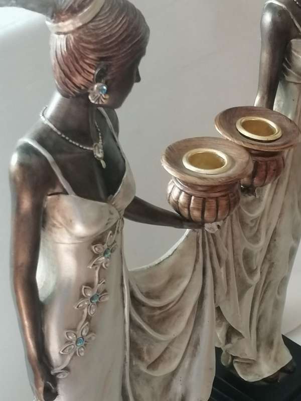 EXQUISITE - TALL TWIN ART DECO WOMAN STATUES WITH CANDLE HOLDERS - PLEASE READ BELOW.