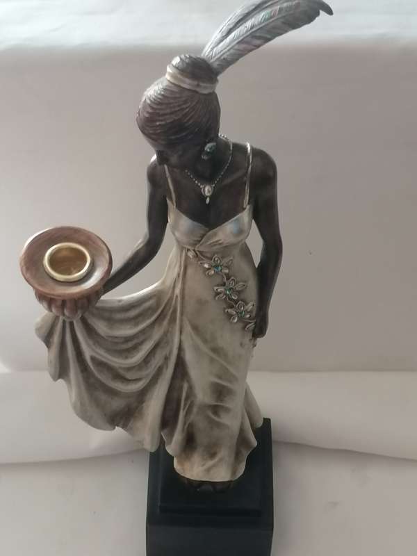 EXQUISITE - TALL TWIN ART DECO WOMAN STATUES WITH CANDLE HOLDERS - PLEASE READ BELOW.