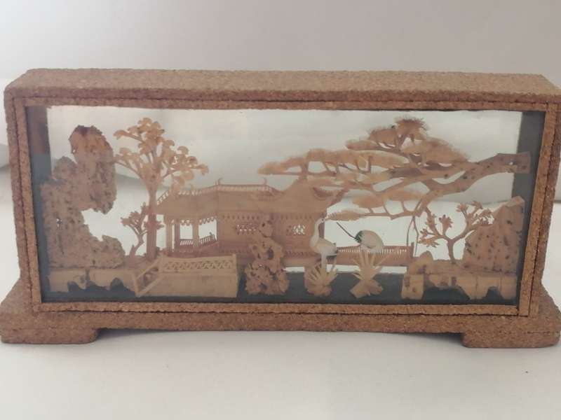 VINTAGE CHINESE HAND CARVED, CORK PAGODA VILLA DIORAMA - VERY COLLECTABLE - PLEASE READ BELOW.