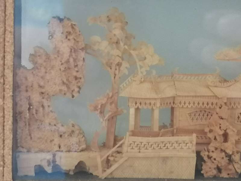 VINTAGE CHINESE HAND CARVED, CORK PAGODA VILLA DIORAMA - VERY COLLECTABLE - PLEASE READ BELOW.