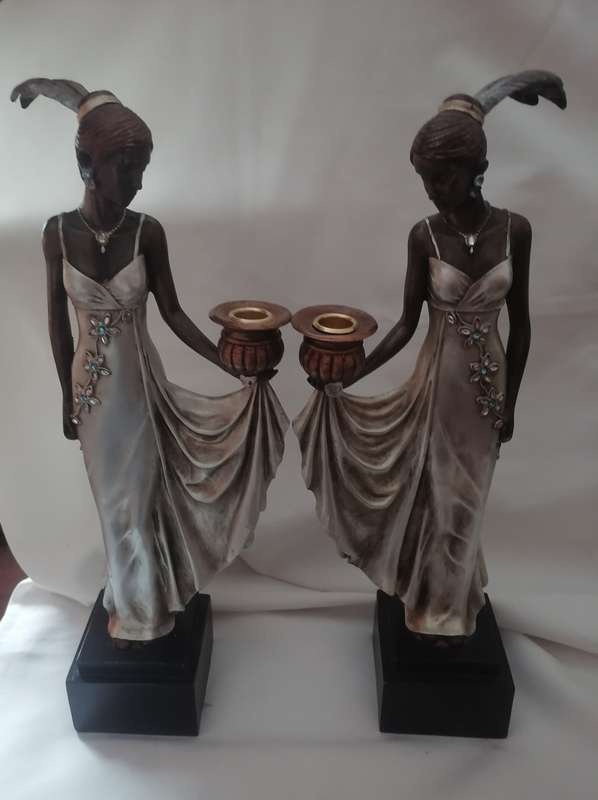 EXQUISITE - TALL TWIN ART DECO WOMAN STATUES WITH CANDLE HOLDERS - PLEASE READ BELOW.