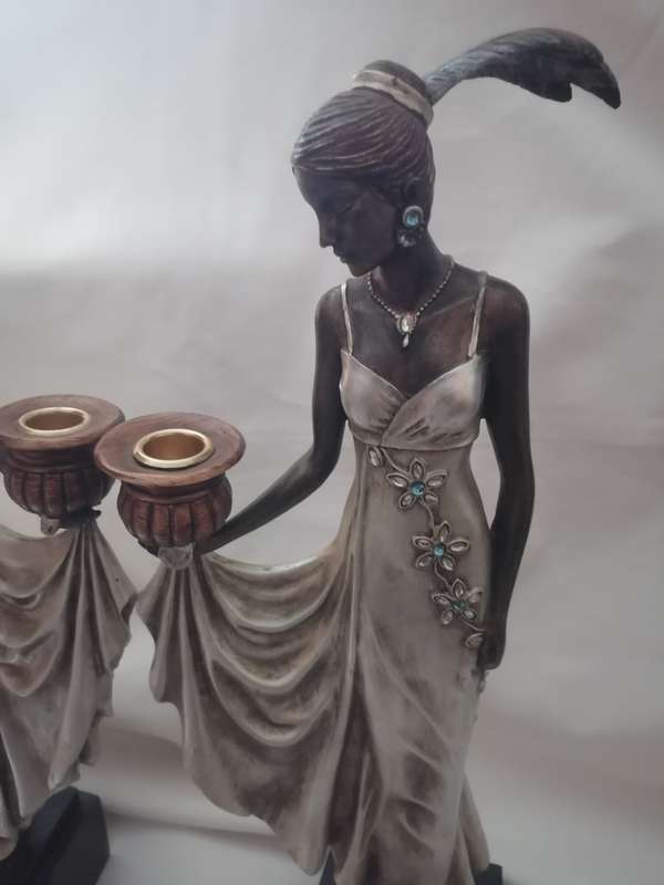 EXQUISITE - TALL TWIN ART DECO WOMAN STATUES WITH CANDLE HOLDERS - PLEASE READ BELOW.