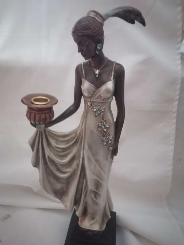 EXQUISITE - TALL TWIN ART DECO WOMAN STATUES WITH CANDLE HOLDERS - PLEASE READ BELOW.