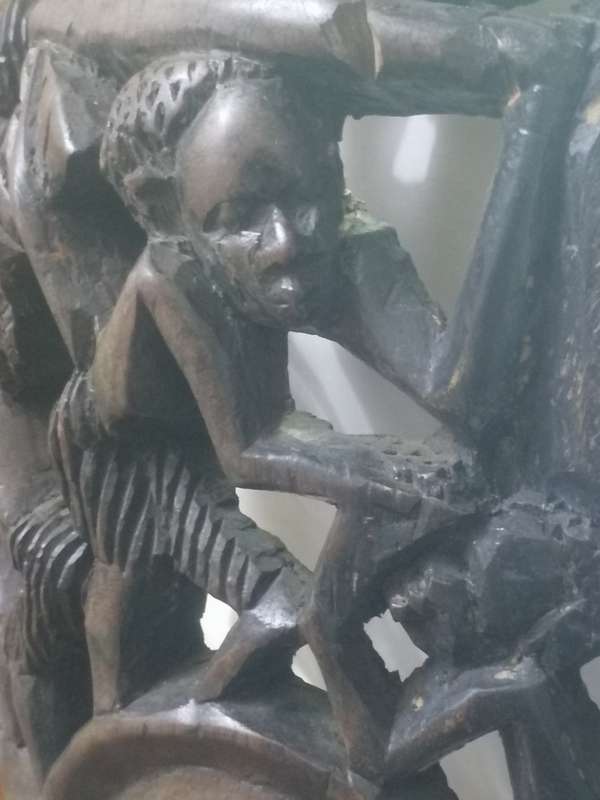 EXQUISITE - LARGE ANTIQUE HARD ,HEAVY WOOD MASKED & SMALL FIGURE ART CARVING - PLEASE READ BELOW.