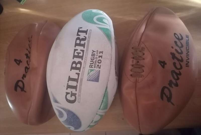 3x SECONDHAND LEATHER RUGBY BALLS, UNINFLATED - PLEASE READ BELOW.