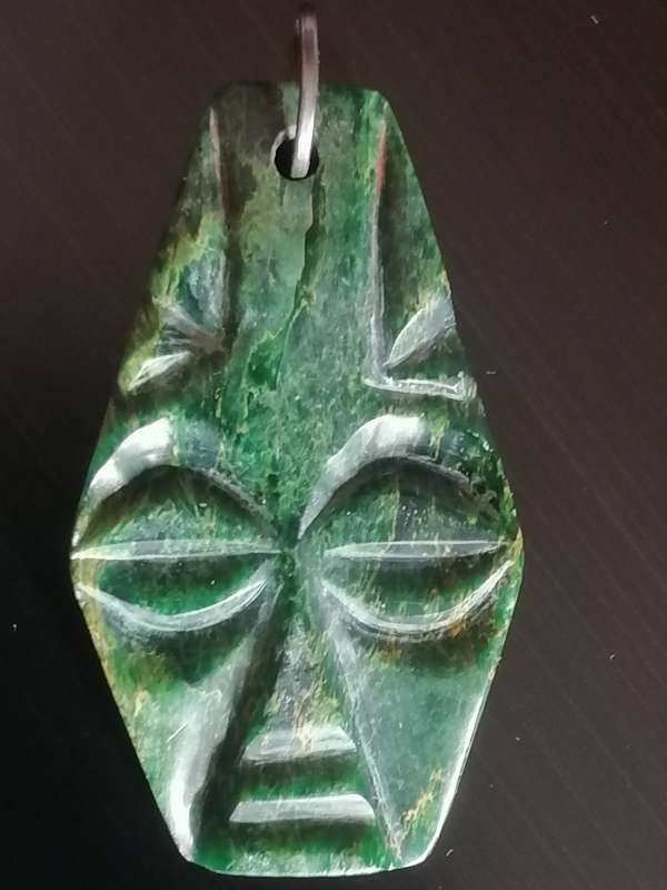 VINTAGE- RARE BARBERTON VERDITE HAND CARVED MASK PENDANT (835 SILVER) - PLEASE READ BELOW FOR INFO.