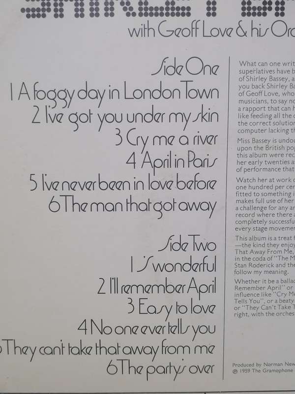 SHIRLEY BASSEY - VINYL IN VERY GOOD CONDITION. - SEE BELOW FOR INFO.