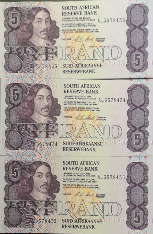 *Crazy Start* C L Stals R5 Note in Crisp Condition x 3 Serial Numbers in AL Sequence.