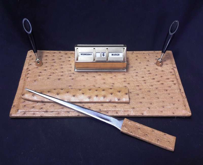 Vintage Leather Ostrich Skin Desk Organizer - Perpetual Calendar