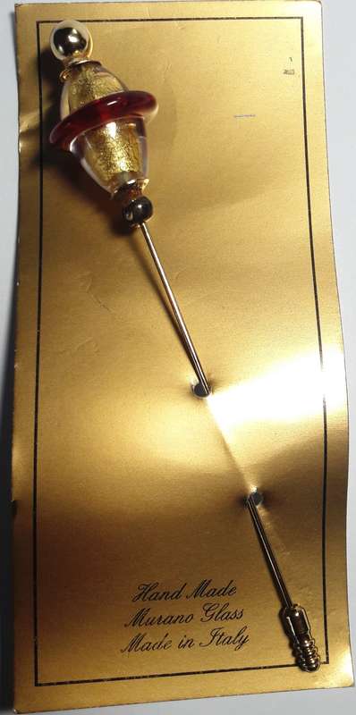 Vintage Italian Murano Glass Hat Stick Pin with Gold Foil