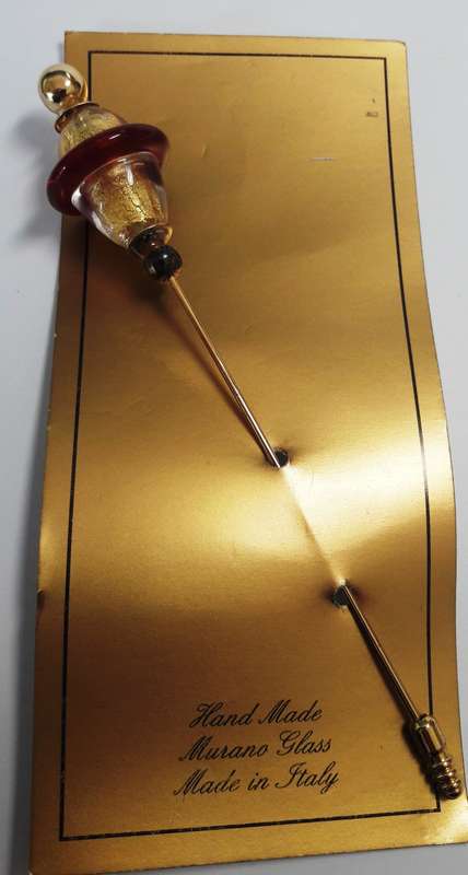 Vintage Italian Murano Glass Hat Stick Pin with Gold Foil