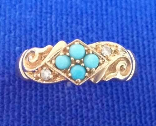 ELEGANT GENUINE DIAMOND & TURQUOISE & SOLID 9 CARAT GOLD VICTORIAN STYLE RING!