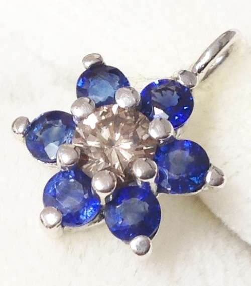 GENUINE FANCY BROWN/PINK 0.33 CARAT DIAMOND AND SAPPHIRE PENDANT IN SOLID 14 CARAT WHITE GOLD!