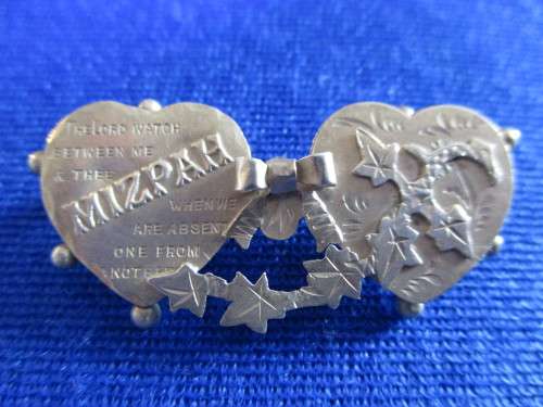 Antique Victorian Hallmarked Sterling Silver Mizpah Hearts Ivy and Bow Sweetheart Brooch Pin!