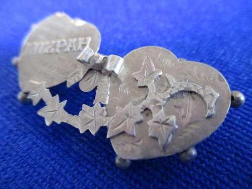 Antique Victorian Hallmarked Sterling Silver Mizpah Hearts Ivy and Bow Sweetheart Brooch Pin!